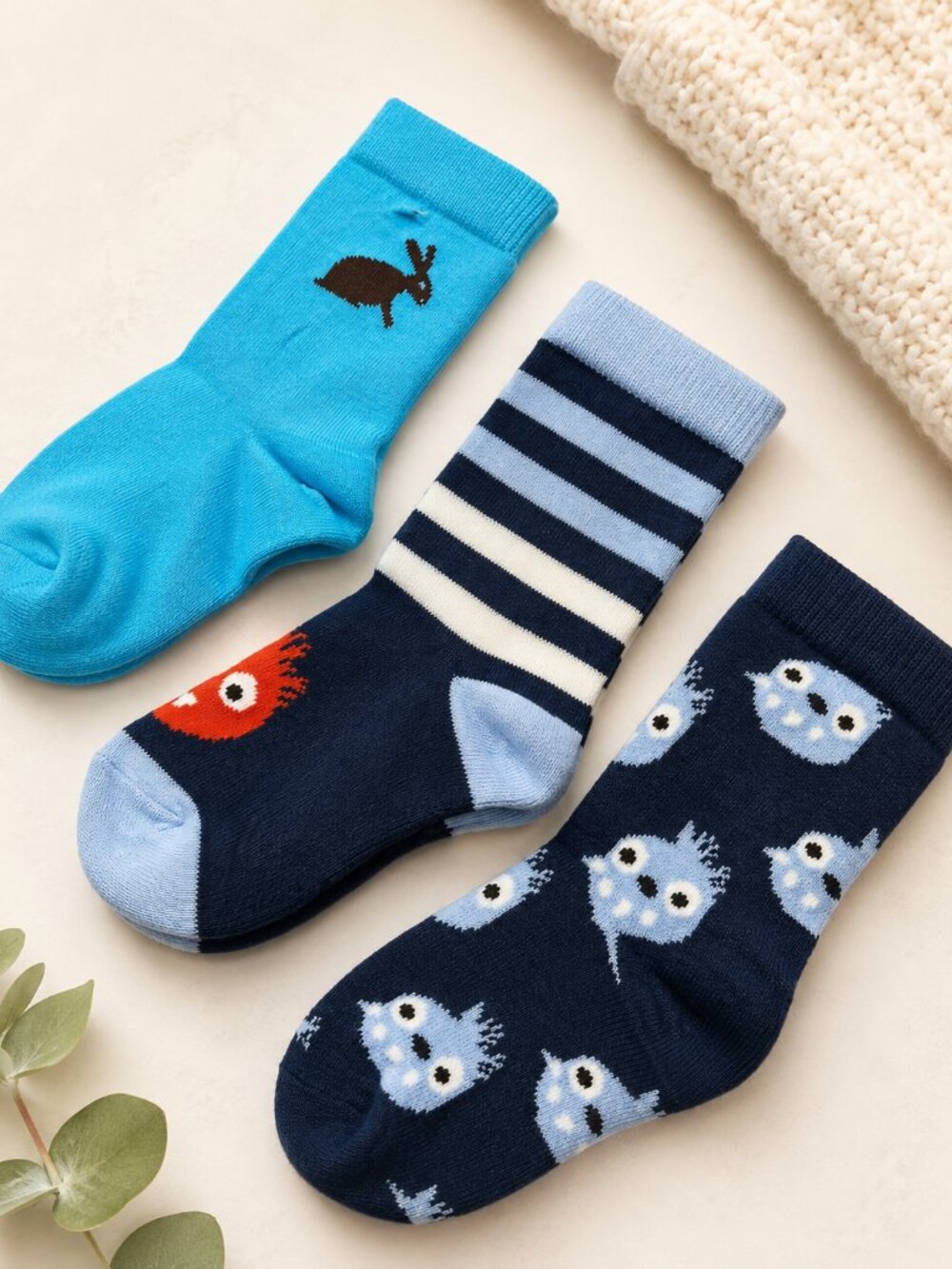 3 Pair Kids Blue Navy Crew Socks Animal Monster Stripe